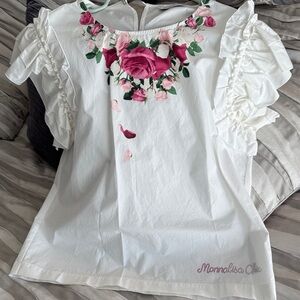 MonnaLisa White Blouse with Pink Rose Necklace Print and Ruffle Sleeves